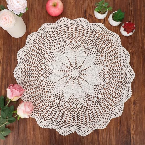 kilofly Centrino da tavolo in pizzo di cotone lavorato a mano all'uncinetto, a forma di ninfea, beige, 55,9 cm