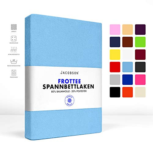 Jacobson Premium FROTTEE Spannbettlaken Spannbetttuch Bettlaken Baumwolle ca. 200g/m² (120x200cm - 130x200cm, Hellblau)