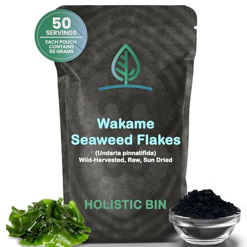 Holistic Bin Wakame Seaweed Flakes | Wild-Caught Atlantic Wakame for Miso Soup, Ramen, Salad Mix Recipes, & Healthy Snacks | Dried Seaweed/Nori for Soups & Snacking | Healthy Vegan Snack | 50g Pack