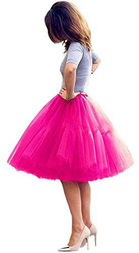 ELAWBTY Womens Knee Length Princess Petticoat Underskirt Tulle Tutu Skirt For Prom Party Hot Pink XL