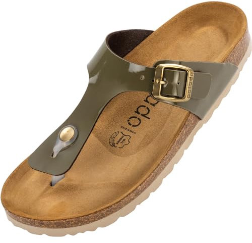 Palado Zehentrenner Damen Kos Lack – gefertigt in Spanien – glänzende Lack-Optik – weiches Veloursleder-Fußbett – dein idealer Sommerbegleiter Khaki UK6 - EU39