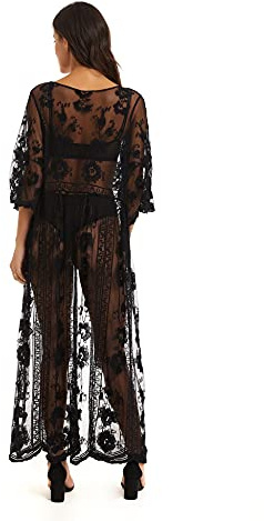 marysgift Beach Coverups for Women UK Black Lace Kimono Long Bathing Suits Beachwear Open Front Crochet Swim Cover-ups & Sarongs Black A000022