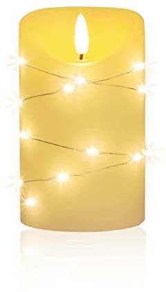LED universum – LED-ljus Cynthia 12,5 cm, äkta vaxljus insvept med en LED-ljuskedja, krämfärgat varmt vitt ljus, 5h timer, batteridriven: 2 x AA (ingår ej) (Cynthia 12,5 cm)