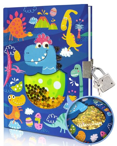 Tagebuch Jungs mit Schloss, 160 Seiten Notizbuch Kinder Geschenk Junge | Dinosaurier Tagebuch mit Schüttelbaren Pailletten 17.8x13cm Notizbuch Kinder Tagebücher für Schule Schreiben Geschenke junge
