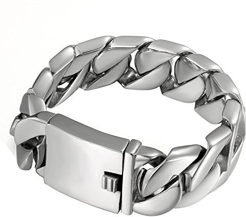 Cupimatch Biker Armband Herren mit Gravur Edelstahl Große Breite Fahrradkette Motorradkette Hochglanz Poliert Rock Armreif, Silber