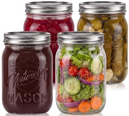 Nutrichef Glass Jars With Lids – 4 Pack 450 ml Mason Jars, Thick Glass Leakproof Storage for Overnight Oats, Yogurt, Jam, Honey, Pickling and Food Prep