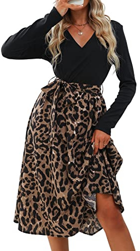 CUPSHE Robe longue/mi-longue pour femme - Manches longues, col en V, ceinture à nouer, coupe trapèze - Robe patineuse décontractée pour les fêtes et les cocktails, imprimé léopard, L