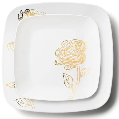 Decorline 32 Assiettes Élégantes en Plastique Dur Réutilisables et solide | Motif Blanches avec Fleurs Dorées | 2 tailles - plate 25cm & assiette à dessert 18cm, 16 pièces chacune | or/blanc