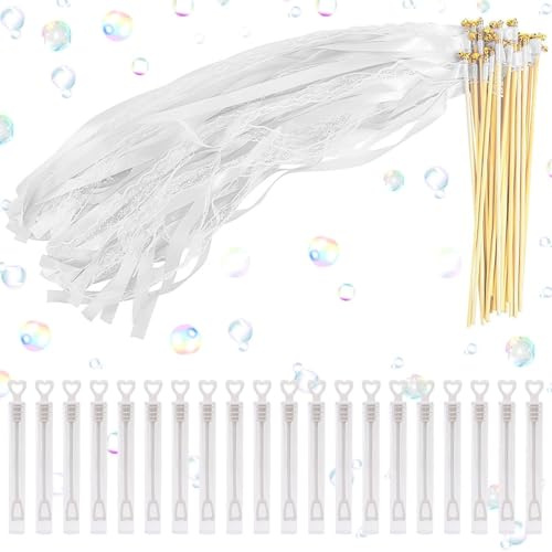 Wedding Wands, Pack of 20 Magic Wands with Bells, 20 Mini Soap Bubbles, Fairy Stick, Wedding Wands, White Wands, Wedding, Ribbon Stick for Wedding, Party, Birthday, Party Bags