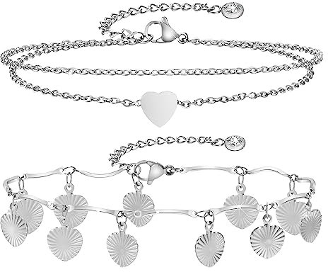 TempBeau Herz Fußkettchen Silber für Damen : 2Pcs Mehrreihige Fußkette Verstellbar Edelstahl Wasserfest Fußkettchen für Frauen Mädchen Fußschmuck Geschenke