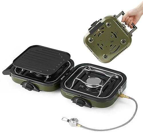 Naturehike 2-in-1 Gas Camping Stove, Frying Pan, Stove with Adjustable Burners, 88.18 oz, Carrying Handle, Portable, Iron SkilletPerfect for Camping & Hiking, Emergency Cooking