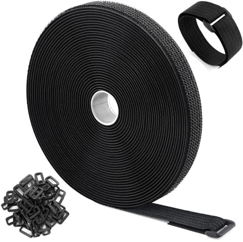 WSZJINB 10m x 2.5cm Klettband mit 50 Schnalle, Freie Schnittlänge Klett Kabelbinder Wiederverschließbar, Kabel Klettbinder Klettverschluss Band Schwarz