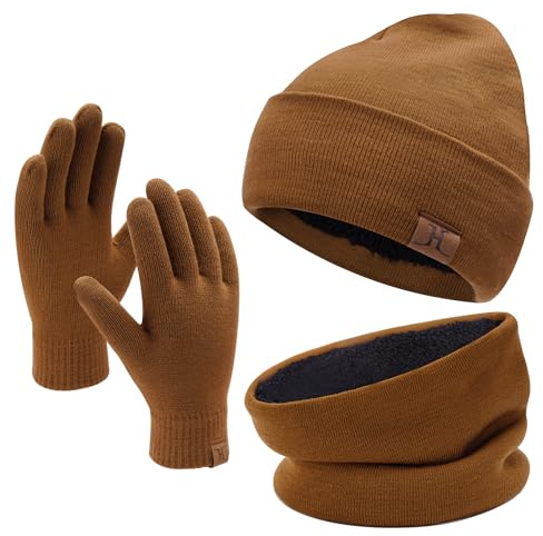 Bequemer Laden Hommes Femmes Hiver Chaud Bonnet Gants Tactiles Écharpe Tricoter Ensemble avec Doublure Polaire Cadeaux Noel Femme Homme