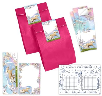Minkocards 10 Schiffe versenken + 10 Lesezeichen + 10 Blöcke + 10 Geschenktüten (pink) + 10 Aufkleber Pferd mit Fohlen Mitgebselset Gastgeschenke für Kindergeburtstag Mädchengeburtstag