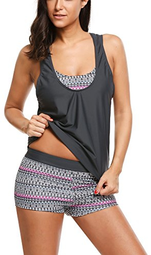 AI'MAGE Tankinis dambadmode sportig badskjorta sport tankini damset 3 delar tankini magväg, S–XXL, Mörkgrå, S