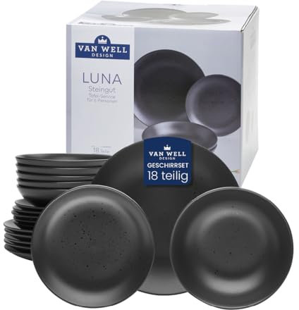 Van Well Luna Geschirrset 18-teilig für 6 Personen – Porzellan Kombiservice in Schwarz-Matt mit glänzenden Punkten – rundes Tafelservice, spülmaschinengeeignet, elegant & modern