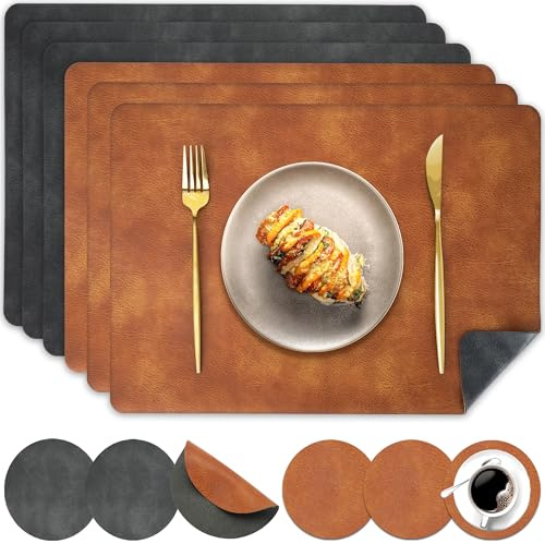 Pixieora Tischsets Abwaschbar und Untersetzer, Tischset Kunstleder Doppelseitigen rutschfest Platzsets in Lederoptik Platzdeckchen Telleruntersetzer (Grau Braun, 6er Set)