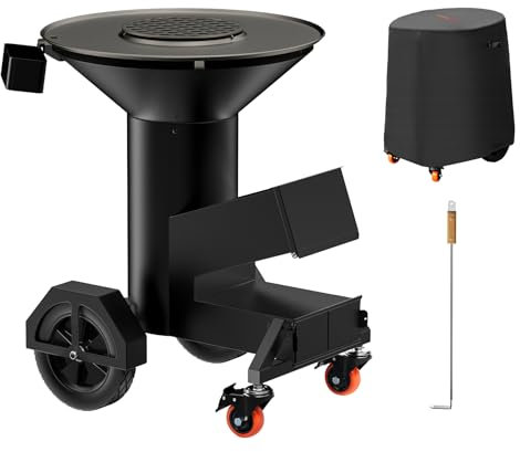 Onlyfire Großer Raketenofen mit Plancha Grillplatte 60cm, BBQ Feuerplattengrill Feuerschale mit Feuerplatte Holzkohlegrill für Terrasse & Garten, inkl. Rädern, Ascheschieber und Abdeckung, Schwarz