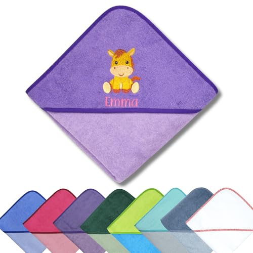 Generisch Personalisierbares Kapuzenhandtuch mit Pferdemotiv – 100x100 cm – Bestickt mit Name & Motiv – Geschenk zur Geburt oder Taufe – Kinderhandtuch aus Baumwolle