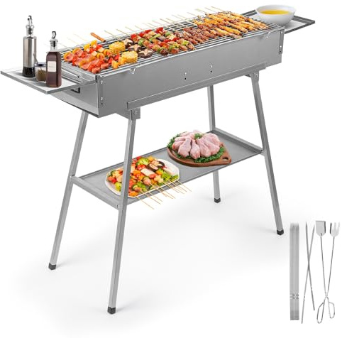 IRONWALLS Bärbar kolgrill utomhusmatlagning, 81 cm L x 25 cm B hopvikt campinggrill med förvaringshylla, kebspett i metall, rektangulär lammspett grill för bakgårdsfest picknick resor
