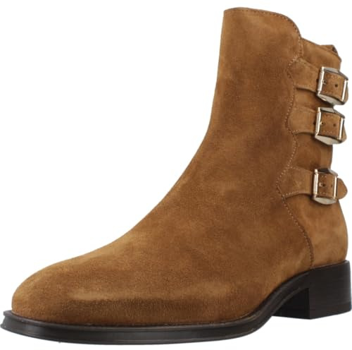 ALPE - Botín con tacón ancho y bajo,punta fina,ante,piel,hebillas de adorno,bota tobillera,cremallera, para: Mujer color: CUERO talla:38