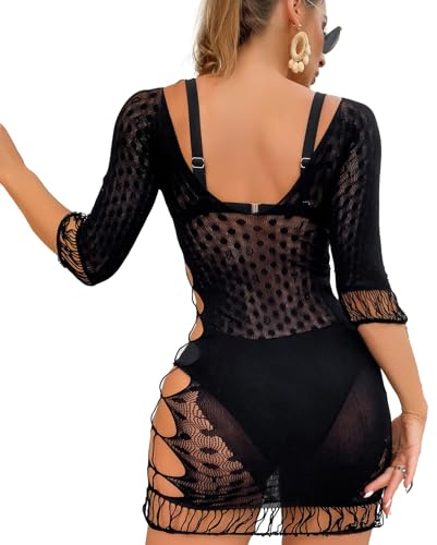Aomhrek Lencería Sexy Mujer Erótica de Negro, Body Mujer con Recortes de Red, Body Mujer Erótica para Mujer