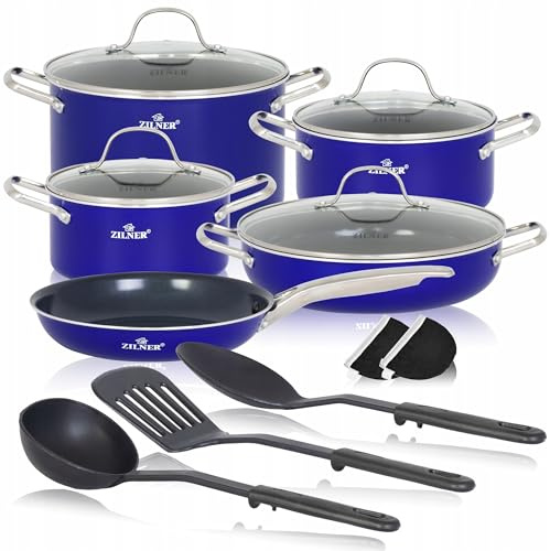 ZILNER Topfset 14-teilig, Töpfe und Pfannen Set, Marmorbeschichtung, Blau | Mit Glasdeckeln, für alle Herdarten, Kochtöpfe und Bratpfannen Set, Küche, Marmoroptik Kochgeschirr