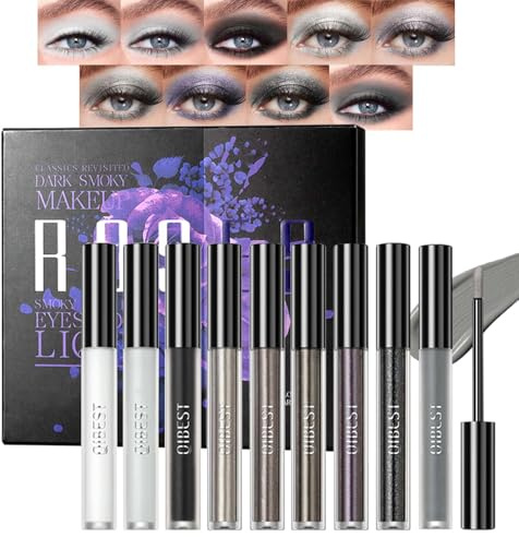 Smokey Glitzer Lidschatten, 9 Farben Flüssiger Lidschatten Set mit Metallic Matte Finish, Schweißfest & Wasserfest Liquid Eyeshadow, Langlebig & Hochpigmentiert Augen Makeup Set, Schwarz Grau Weiß
