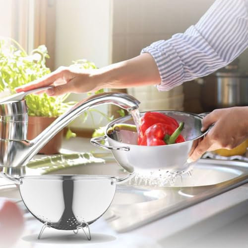 Scolapasta Gourmet in Acciaio Inox da 24 Cm, Scolapasta con Piedini, Colino per Pasta con Manico, Colino da Cucina, Scolapasta in Metallo Acciaio Inox, Lavabile in Lavastoviglie