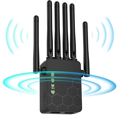 Répéteur WiFi,Amplificateur WiFi,repeteur WiFi Puissant sans Fil avec 6 Antennes Puissantes,2 Ports LAN,Couverture à 360°,Compatible avec Toutes Les Box Internet Ethernet Port,Facile à Installe
