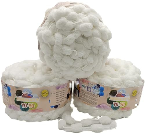 3 x 200g Ilkadim Export Pompon Garn Yo-Yo einfarbig, 600 Gramm Pompom – Wolle (weiss 82101)