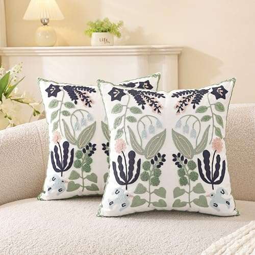 TAOSON Pack of 2,Blue Green Flowers Leaves Embroidered Throw Pillow Cover,Cotton Canvas Cushion Covers, Spring Farmhouse Decor, Valentine's Day Gift Square Farmhouse Floral Pillow Case 18“ x18”