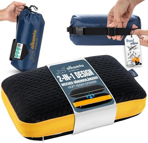 alkamto resekudde extra resenackkudde – campingkudde – ergonomisk minnesskumkudde med temperaturreglerande överdrag – inklusive resväska (35 x 30 x 10/8 cm – svart)