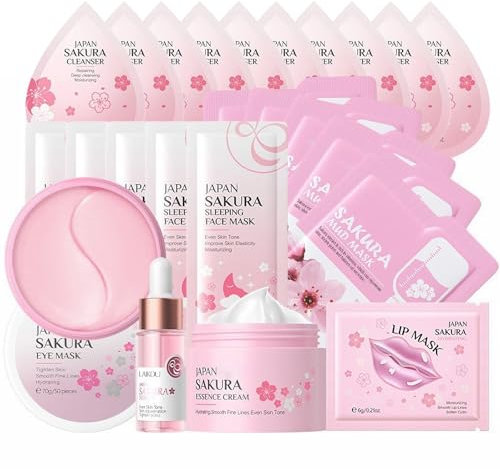 Kit Per La Cura Della Pelle Sakura, Set per la Cura Della Pelle Sakura, Kit Idratante Viso con Siero,Crema, Maschera Viso, Maschera Labbra, Maschera Occhi, Maschera Detergente, Tonico, Detergente