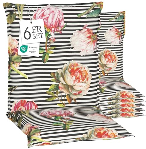 Beo® Turin Niedriglehner Gartenstuhlauflagen 6er Set | Waschbar | Made in EU | Öko-Tex Standard | Atmungsaktiv | UV-beständig | 8 cm Dicke Sitzkissen Outdoor