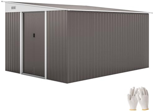 Outsunny Casetta da Giardino 8.9m² in Acciaio Zincato con 2 Prese d'Aria, Capanno Porta Attrezzi con Tetto Inclinato, Doppie Porte Scorrevoli Bloccabili e Guanti, 280x345x169/201cm, Grigio