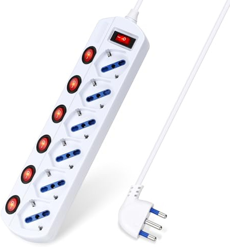 Aigostar Regleta de 6 enchufes con interruptores Independientes, Enchufe P40 de 16 A,250 V máx. 3680 W, Schuko P40, Cable de 1,5 m, Color Blanco