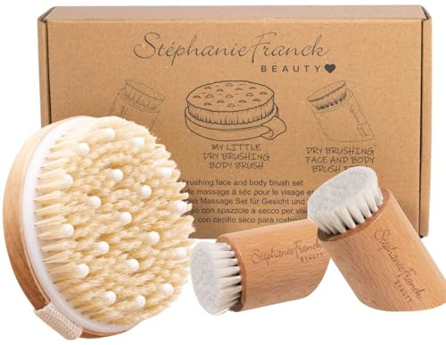 Stephanie Franck Beauty Trockenbürsten Set – 2 extra weiche Gesichtsbürsten + 1 Körperbürste für Massage & Peeling – Naturborsten & Massagenoppen– Pflegeritual für Gesicht & Körper