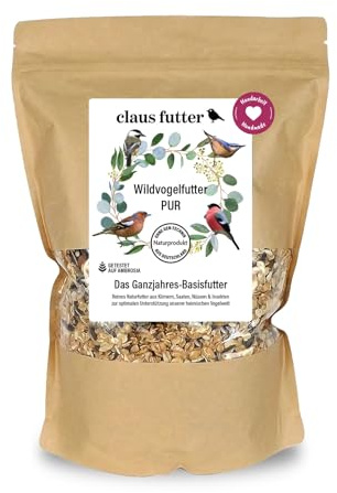 Claus Wildvogelfutter Pur | 1 kg | Ganzjährige Basisfutter für heimischen Wild- & Gartenvögel | Mit Bestandteilen für Körnerfresser | Nährstoffe für Beeren- und Insektenfresser