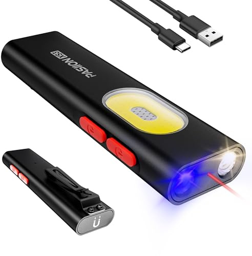 LED Taschenlampe Aufladbar 1400 Lumen, Flache EDC Taschenlampe mit Magnet, UV Licht & Rotlicht,COB Arbeitsleuchte,Doppelschalter,beidseitiger Clip,Taschenlampe Klein für Inspektion,Arbeit & Reparatur