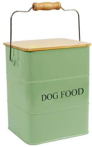 ZoeQide Hundefutter Aufbewahrungsbox Metall 6L – Futterbehälter Hund mit Holzdeckel, Griff & Schaufel – Luftdichte Vorratsdose für Trockenfutter & Snacks – Leckerli Box Armeegrün