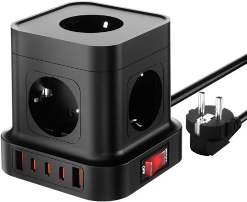 TUSVMGE Multiprise cuboïde avec 5 prises, 5 ports USB-C (3C/2A), protection contre les surtensions de 4000 W avec 5 fonctions de sécurité, interrupteur à une touche, cordon de 2 m, prise compacte