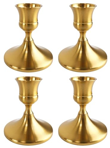 4 Gold Taper Candle Holders, Elegant Iron Candlestick Holders for Table Decor, Wedding Centerpieces, Meditation Spaces and Seasonal Celebrations