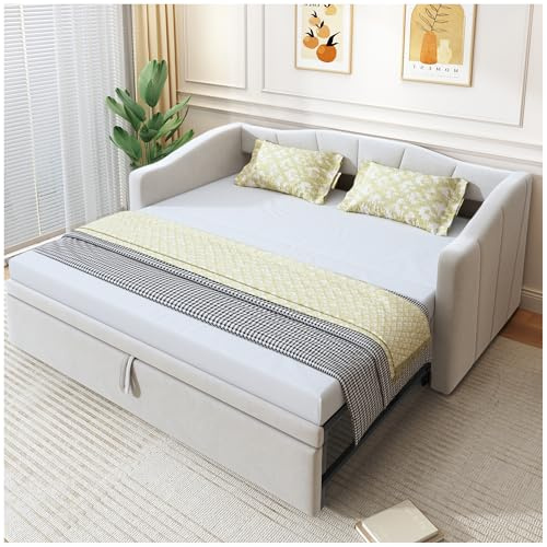 Wyibwy Sofá cama acolchado de 90/180 x 200 cm, con somier de láminas, convertible en cama individual o de matrimonio, tejido de terciopelo (colchón no incluido) (beige)