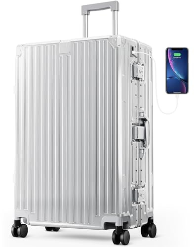 ALPHA CAMP Koffer Groß XL Hartschalenkoffer Groß Reisekoffer mit Rollen TSA Schloss, Suitcase Aluminium Rahmen Polycarbonat, Koffer Silber Rollkoffer 49x30x76cm Luggage Reisekoffer Leichte für Reise