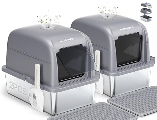 MeoWant 81 l kattlåda, av rostfritt stål, stor kapacitet, avtagbar treskikts, sluten luktsäker kattlåda med högt staket, 2-pack