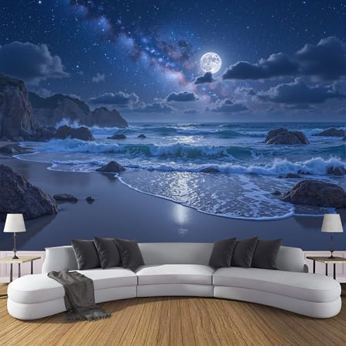 Papel Pintado de Seda Playa De Ensueño Papel Tapiz Fotográfico Vista Nocturna De La Playa Fotomurales XXL Moderna Decorativos Murales para Diferentes Espacios, 200x140cm, Azul
