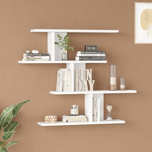 [en.casa] Wandregal Hökkomi Hängeregal Bücherregal hängend 4 Ablagen versetzt Wohnzimmer Schlafzimmer 78 x 99 x 15 cm Schweberegal Weiß