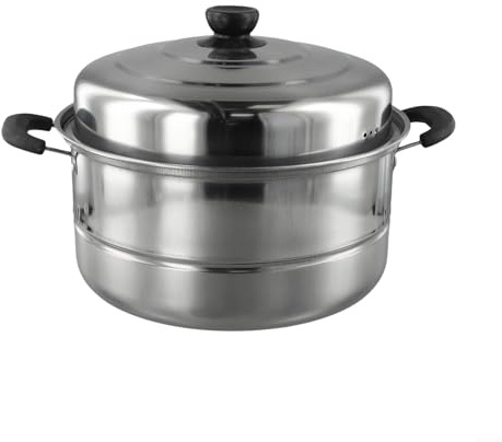 Stainless steel 2 tier steamer pan designed for induction cookers, gas stoves, and more, featuring a double layer design to steam multiple dishes separately (28cm)
