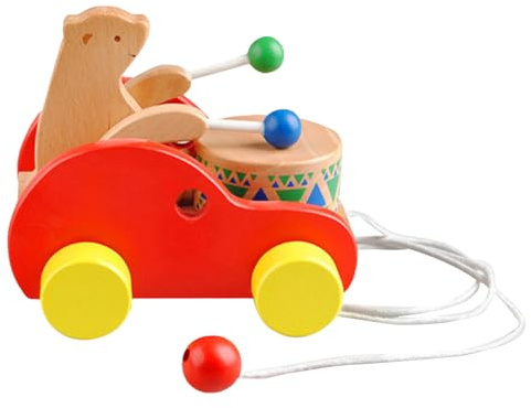 Lunaobrik Dragleksak i trä, trävagn med tamburinbjörn, pedagogisk leksak för promenader - för förskolebarn förskolebarn inomhus lek, födelsedagsfest, fest